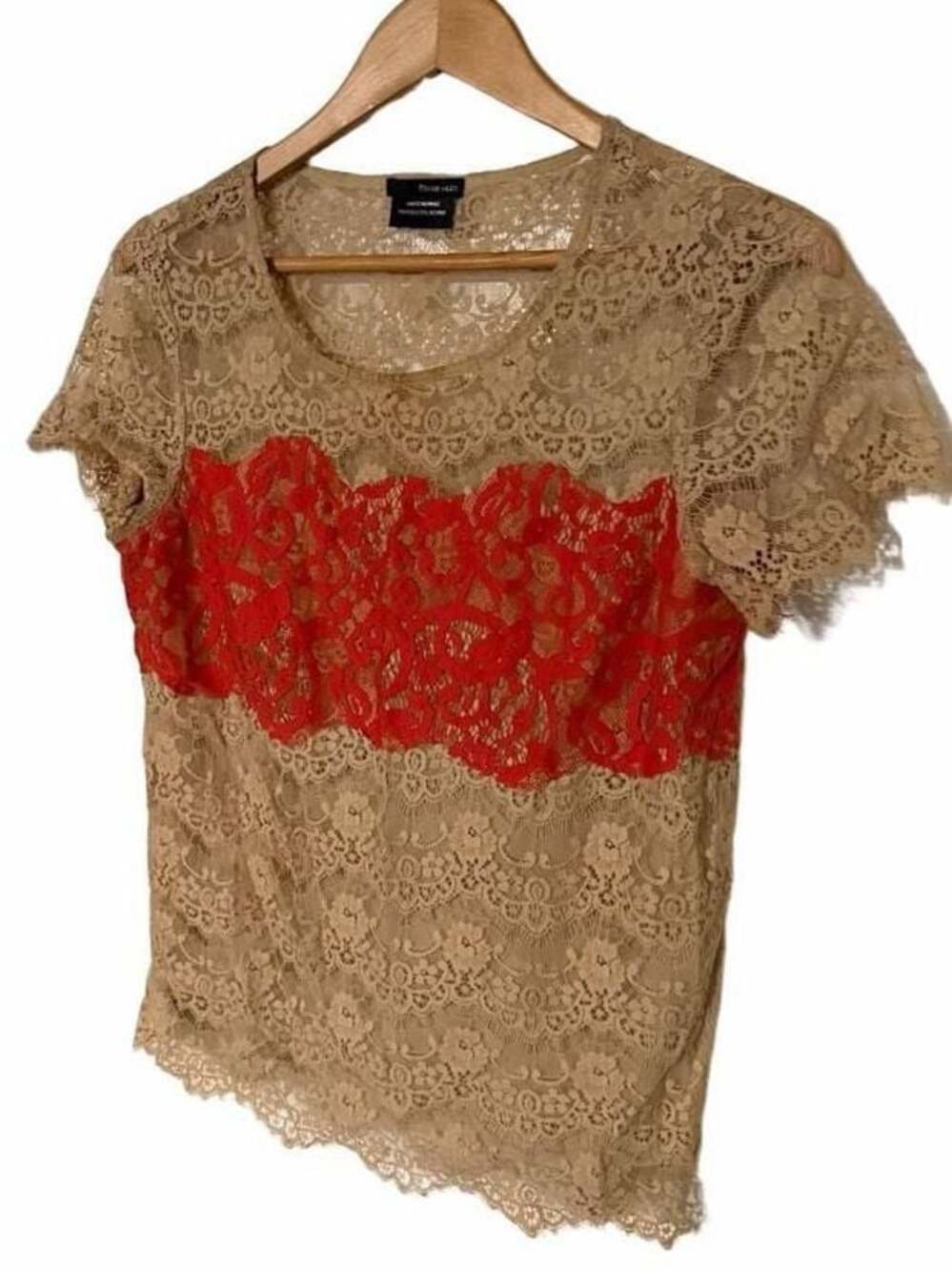 Porcelain Women's Beige & Red Lace Short Sleeve Top Blouse Size M